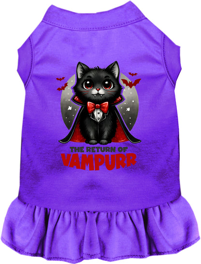 Purple Vampurr pet dress with vampire cat design