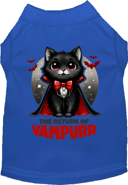 Royal blue Vampurr pet shirt with vampire cat illustration