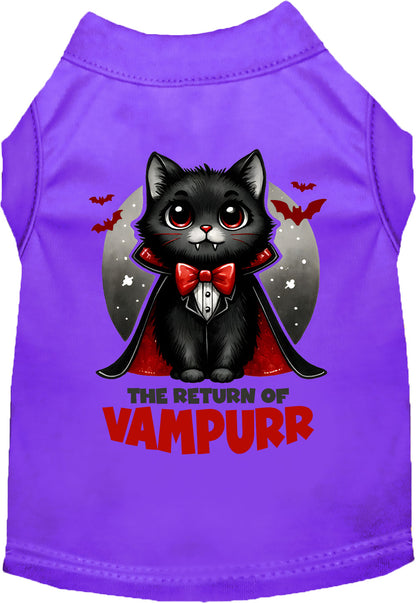 Purple Vampurr pet shirt showcasing vampire cat