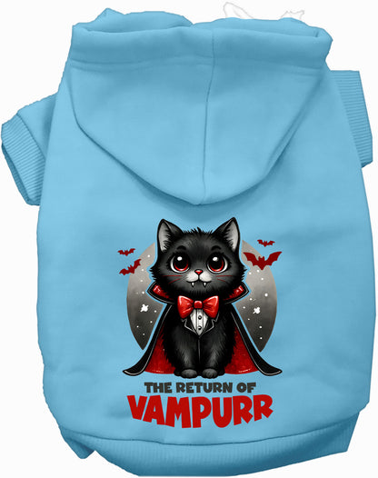 Light blue Vampurr Pet Hoodie with adorable vampire cat