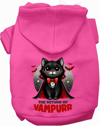 Hot pink Vampurr Pet Hoodie with vampire cat illustration