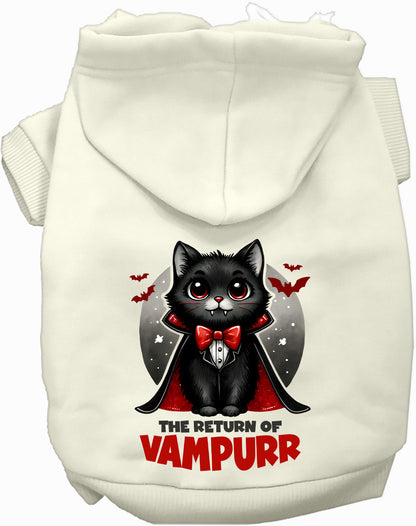 White Vampurr Pet Hoodie displaying vampire cat graphic