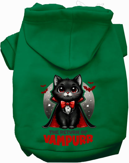 Green Vampurr Pet Hoodie showcasing vampire cat design