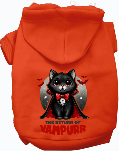 Orange Vampurr Pet Hoodie featuring vampire cat graphic