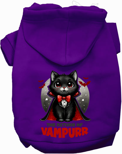 Purple Vampurr Pet Hoodie with vampire cat design