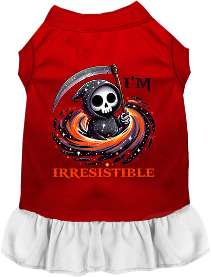 Red and white Irresistible Death Pet Dress with Grim Reaper design