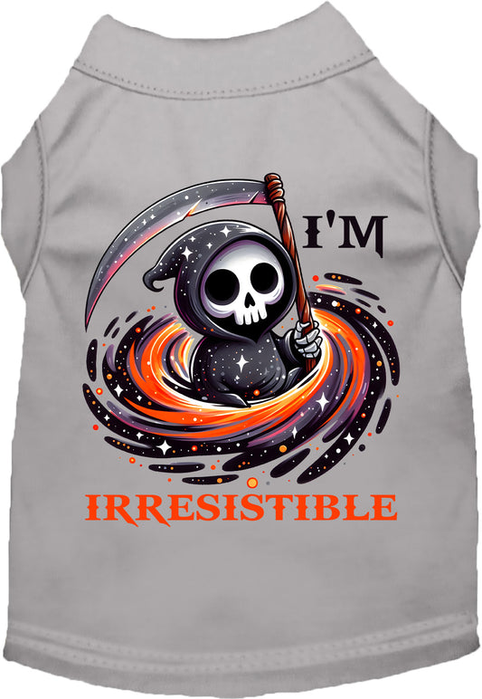 Gray Irresistible Death Pet Shirt with Grim Reaper design