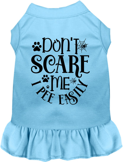 Blue pet dress with 'Don't Scare Me I Pee Easily' text