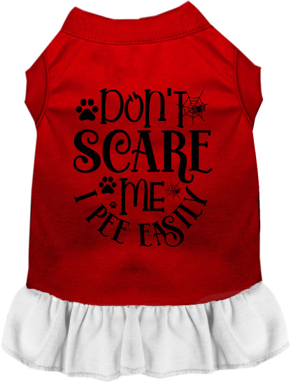 Red and white pet dress with 'Don't Scare Me I Pee Easily' text