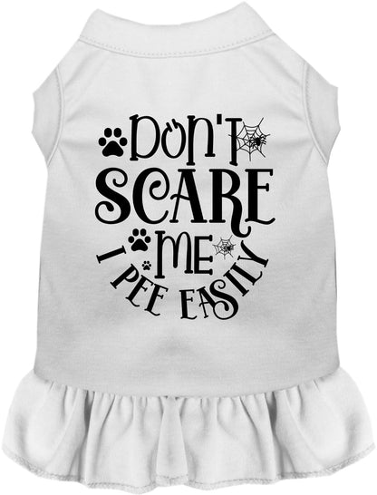 White pet dress with 'Don't Scare Me I Pee Easily' text