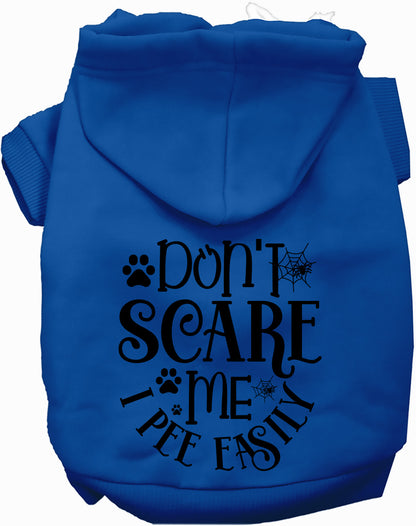 Dark blue pet hoodie with 'Don't Scare Me, I Pee Easily' print