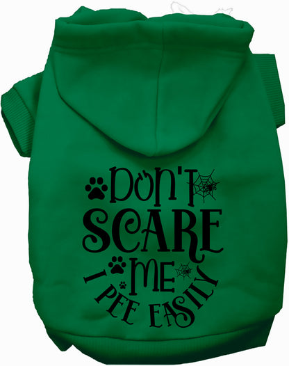 Green pet hoodie with 'Don't Scare Me, I Pee Easily' print