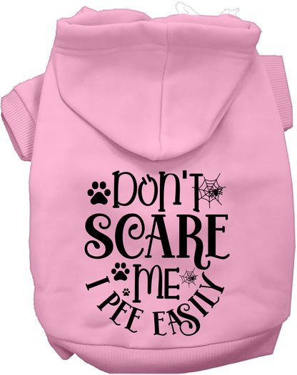 Light pink pet hoodie with 'Don't Scare Me, I Pee Easily' print