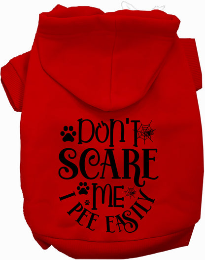 Red pet hoodie with 'Don't Scare Me, I Pee Easily' print