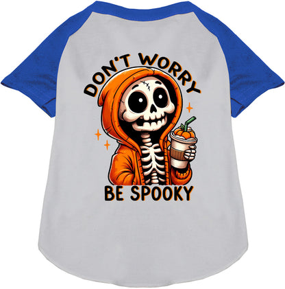 Blue and white spooky pet raglan shirt with skeleton design