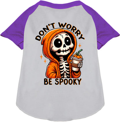 Purple and white spooky pet raglan shirt with skeleton design