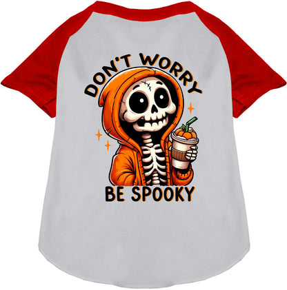 Red and white spooky pet raglan shirt with skeleton design