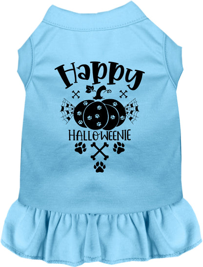 Blue Happy Halloweenie pet dress with pumpkin design