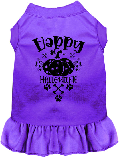 Purple Happy Halloweenie pet dress with pumpkin design