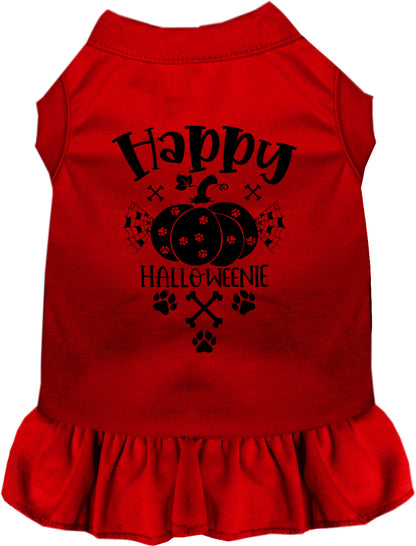 Red Happy Halloweenie pet dress with pumpkin design