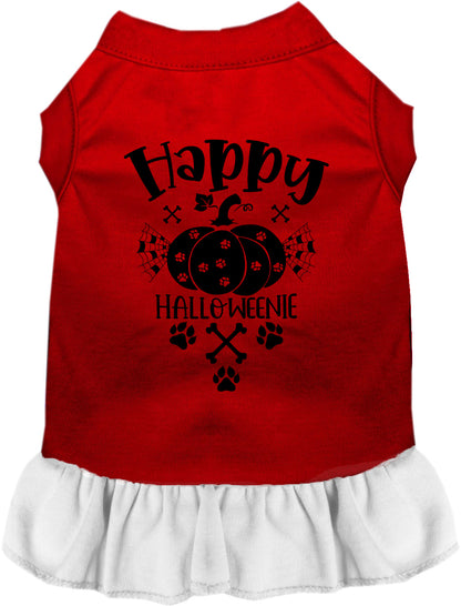 Red and white Happy Halloweenie pet dress with pumpkin design