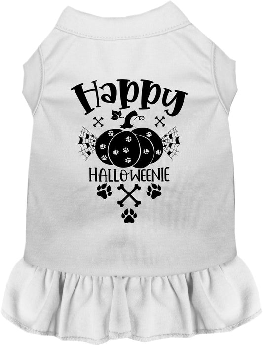 White Happy Halloweenie pet dress with pumpkin design