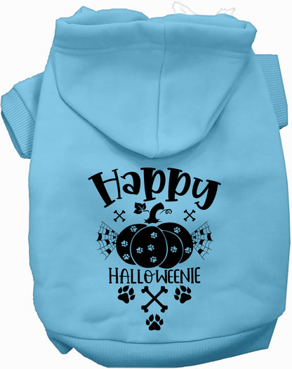 Light blue Happy Halloweenie pet hoodie with pumpkin design