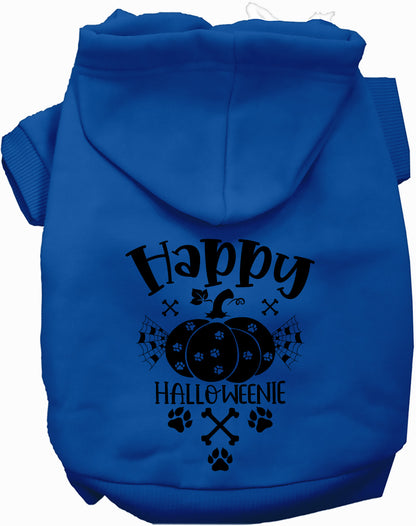 Dark blue Happy Halloweenie pet hoodie with pumpkin design