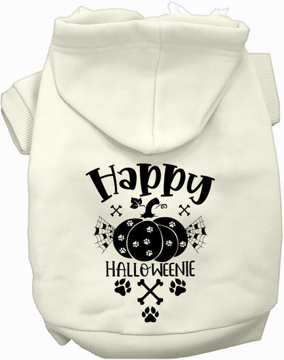 White Happy Halloweenie pet hoodie with pumpkin design