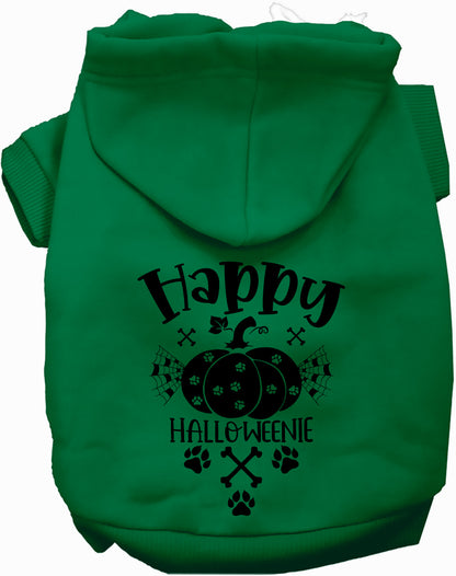 Green Happy Halloweenie pet hoodie with pumpkin design