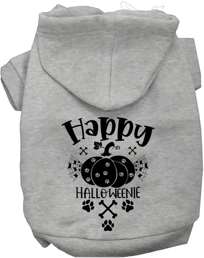 Gray Happy Halloweenie pet hoodie with pumpkin design