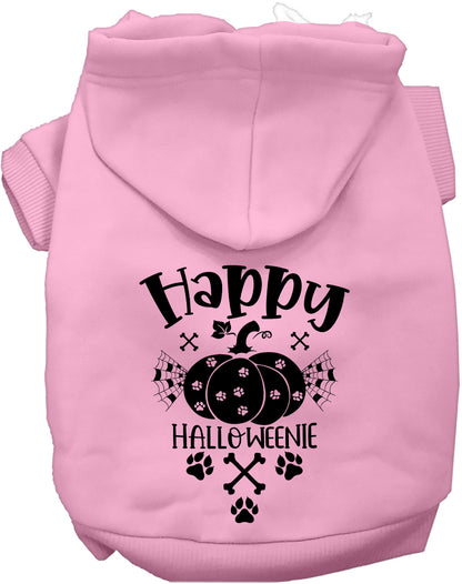 Light pink Happy Halloweenie pet hoodie with pumpkin design