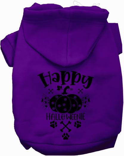 Purple Happy Halloweenie pet hoodie with pumpkin design