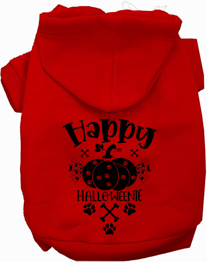 Red Happy Halloweenie pet hoodie with pumpkin design