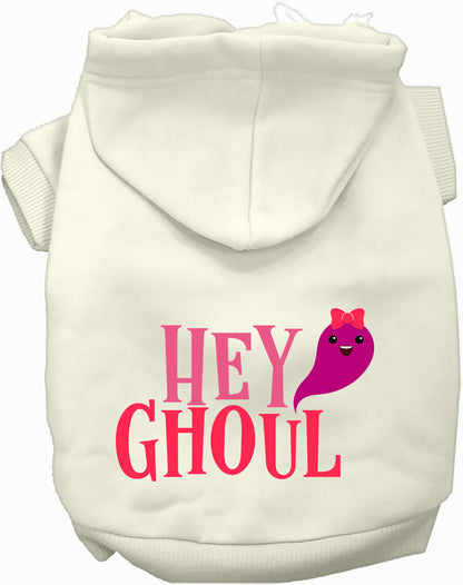 White Hey Ghoul pet hoodie with cute ghost design