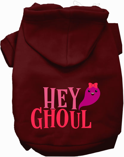 Maroon Hey Ghoul pet hoodie with cute ghost design