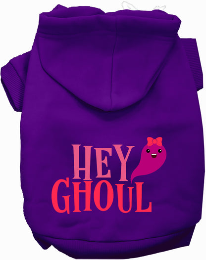 Purple Hey Ghoul pet hoodie with cute ghost design