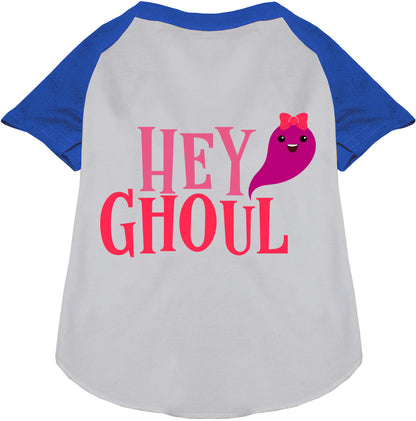 White Hey Ghoul Pet Raglan Shirt with blue sleeves