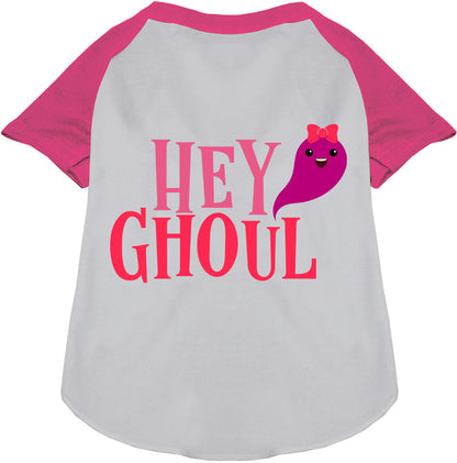 White Hey Ghoul Pet Raglan Shirt with magenta sleeves