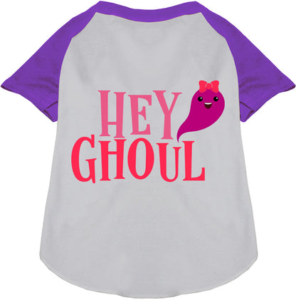 White Hey Ghoul Pet Raglan Shirt with purple sleeves