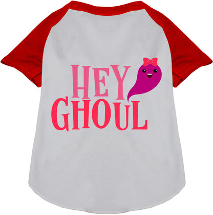 White Hey Ghoul Pet Raglan Shirt with red sleeves