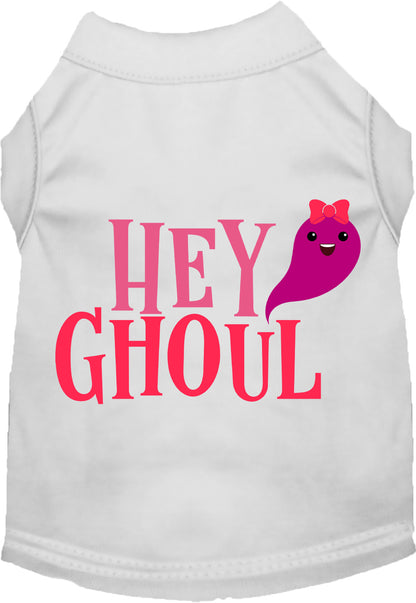 White Hey Ghoul pet shirt with cute ghost design