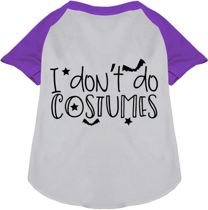 Purple and white pet raglan shirt with 'I Don't Do Costumes' text