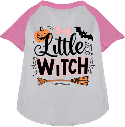 Light Pink Little Witch Pet Raglan Shirt with Halloween design