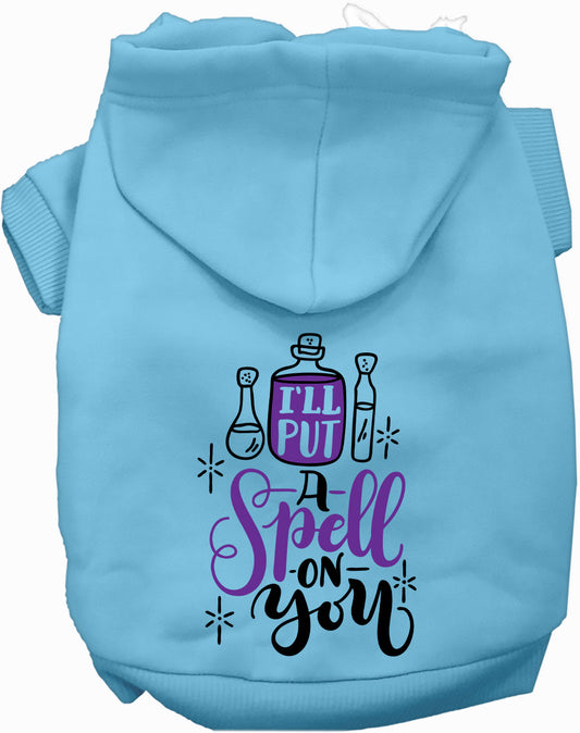 Blue pet hoodie with 'Put a Spell on You' design