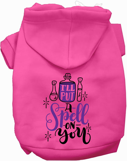 Hot pink pet hoodie with 'Put a Spell on You' design