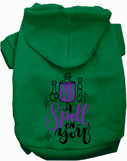 Green pet hoodie with 'Put a Spell on You' design