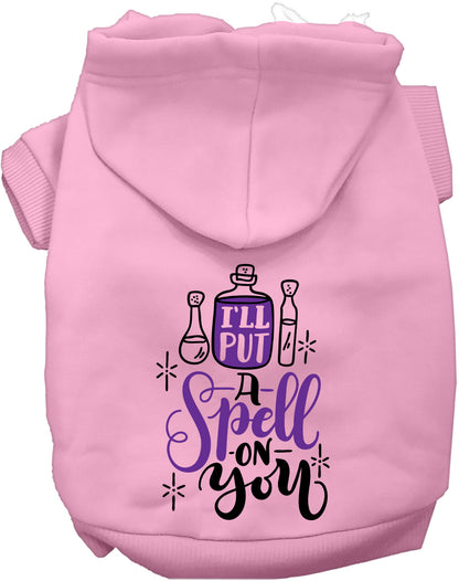 Pink pet hoodie with 'Put a Spell on You' design