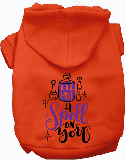 Orange pet hoodie with 'Put a Spell on You' design