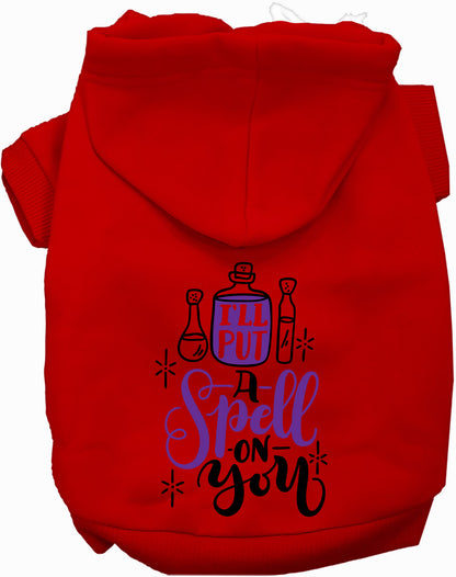 Red pet hoodie with 'Put a Spell on You' design